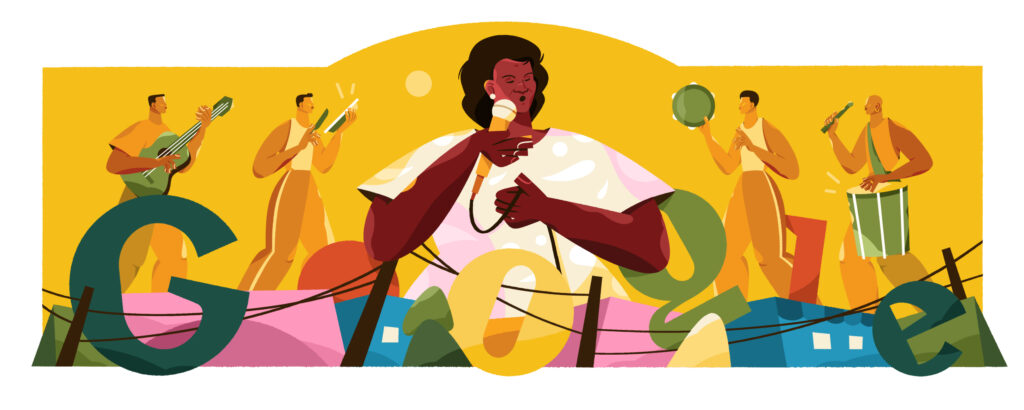Doodle realizado por La Minna para o Google, em comemoração do aniversário de Jovelina Pérola Negra. Ilustração com cores vibrantes, como amarelo, azul e rosa, na qual a cantora negra é representada no meio, segurando um microfone. Ao seu redor a banda é representada tocando instrumentos do samba.